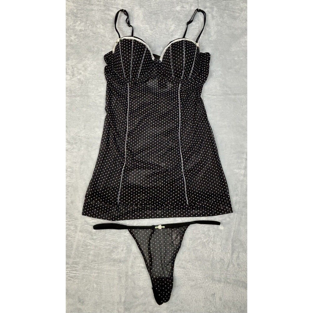 Essentials By ABS Black Polka Dot Babydoll Chemise Nighty & Matching Thong